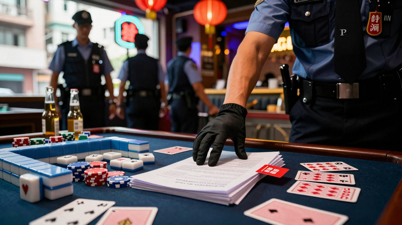Polícia com luva preta segura documentos sobre mesa com fichas, cartas e peças de mahjong em ambiente interno.