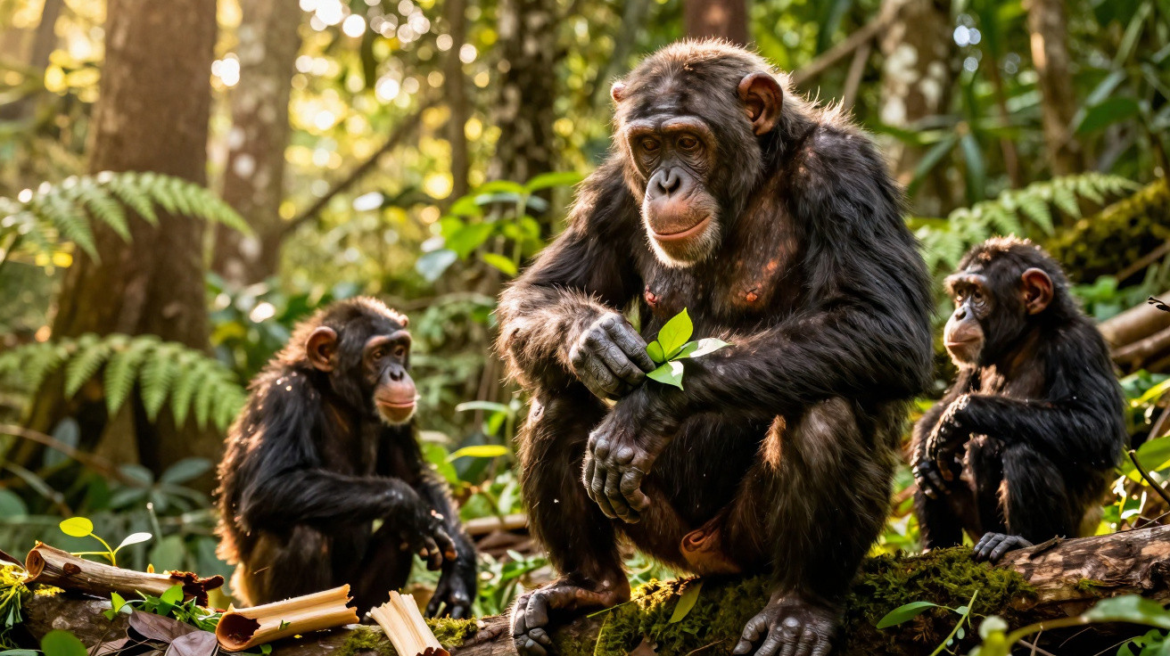 Três chimpanzés sentados numa floresta, dois jovens observam o adulto que segura folhas verdes.