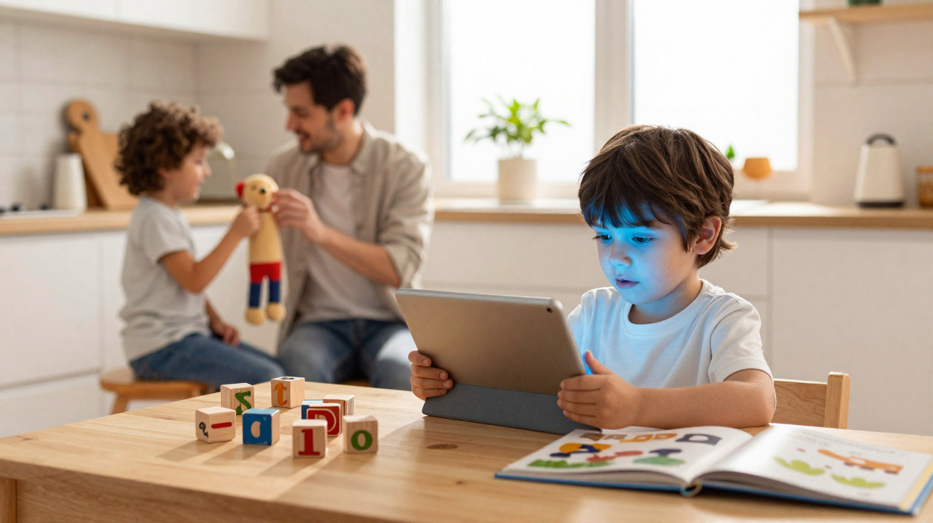 Criança a usar tablet na mesa enquanto adulto e outra criança brincam com brinquedo na cozinha moderna.