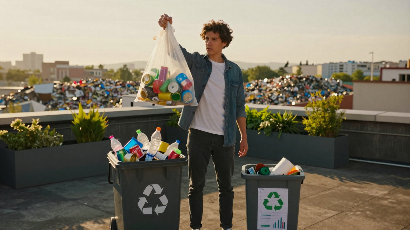 Jovem a segurar saco de plástico com latas para reciclar, junto a dois contentores de reciclagem no terraço.
