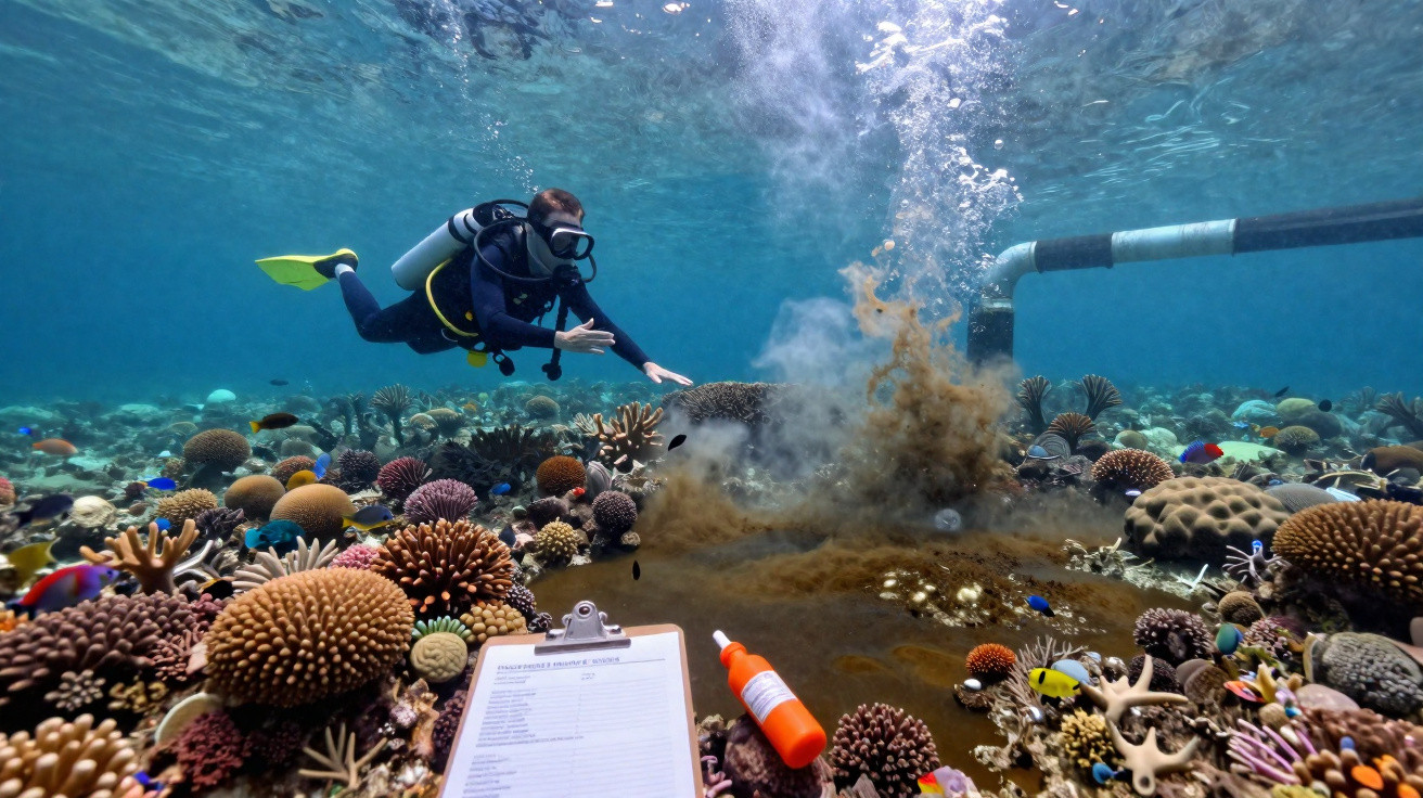 Mergulhador investiga poluição a partir de tubo num recife de coral subaquático cheio de vida marinha.