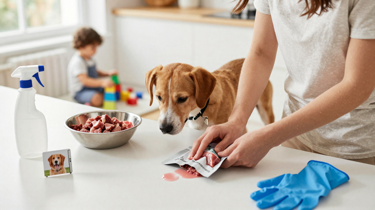 Pessoa a preparar comida húmida para cão num cão doméstico, com criança a brincar ao fundo.