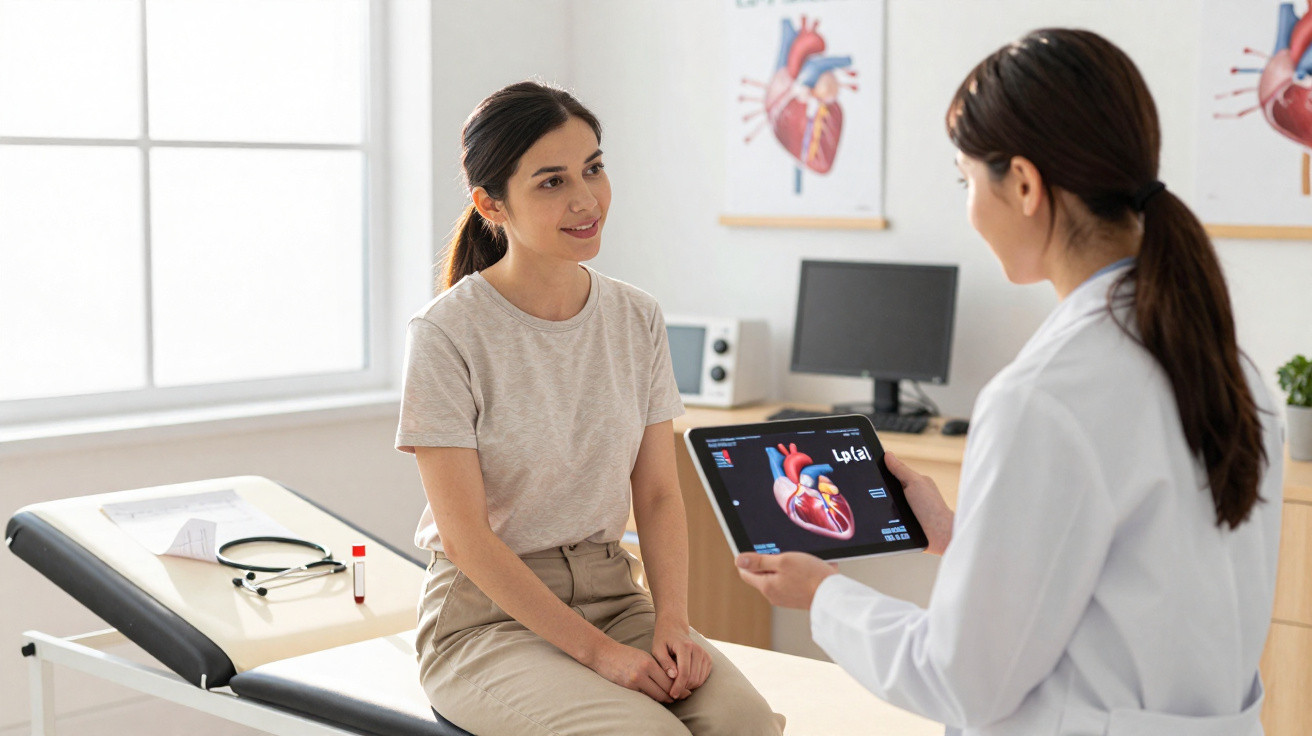Médica a explicar imagens de um coração digital a uma paciente numa consulta num consultório médico.