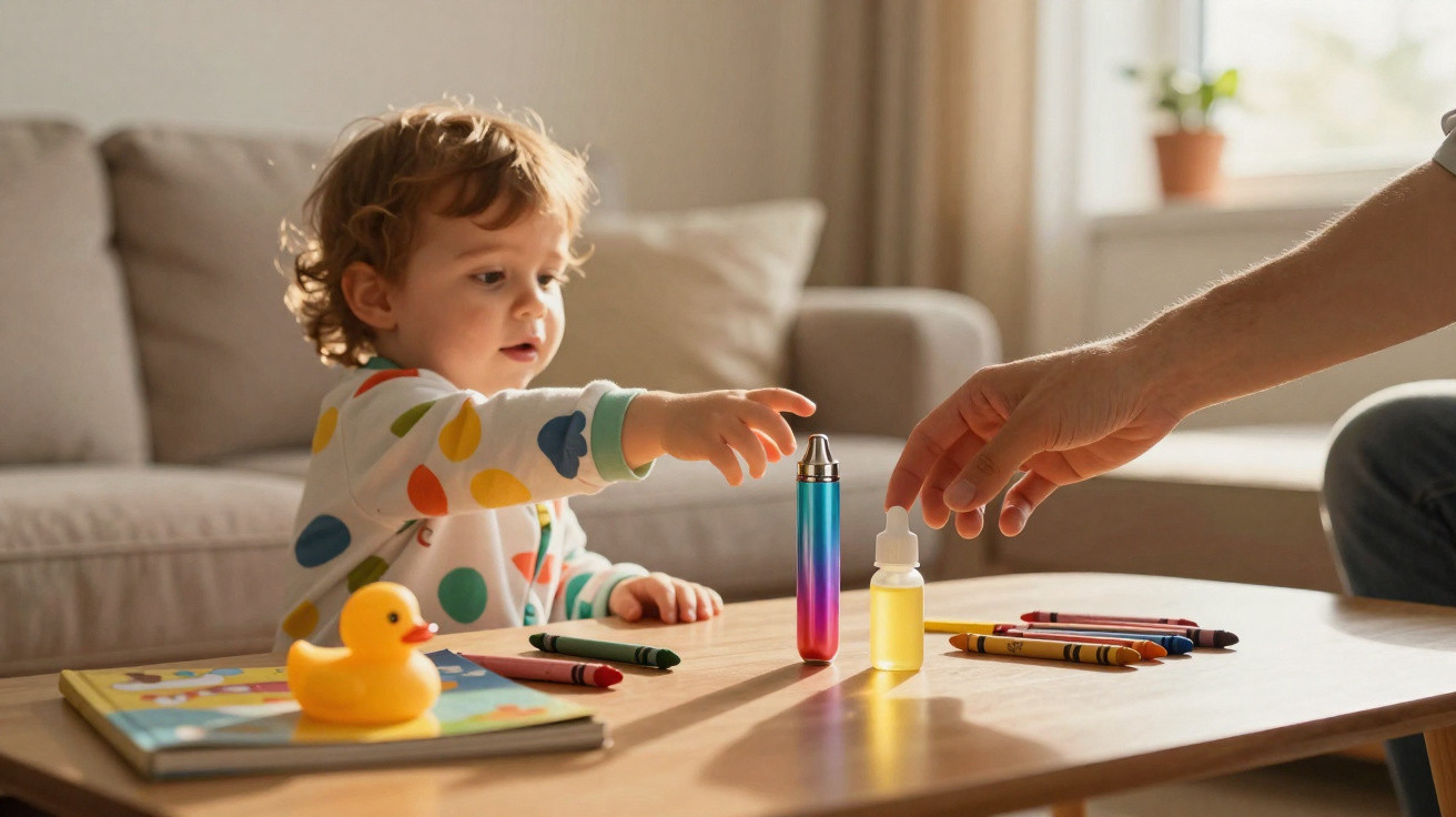 Criança com pijama colorido a brincar na mesa com marcadores, um patinho de borracha e um adulto a ajudar.