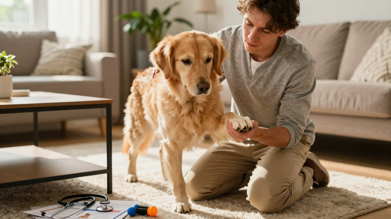 Homem ajoelhado em sala a examinar a pata de um golden retriever, com estetoscópio visível no chão.