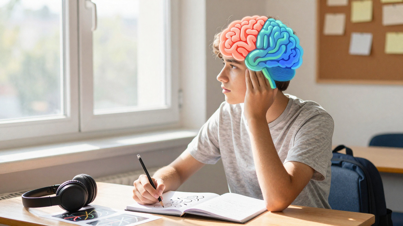 Estudante a olhar pela janela numa sala de aula com imagem digital de cérebro colorido sobre a cabeça.