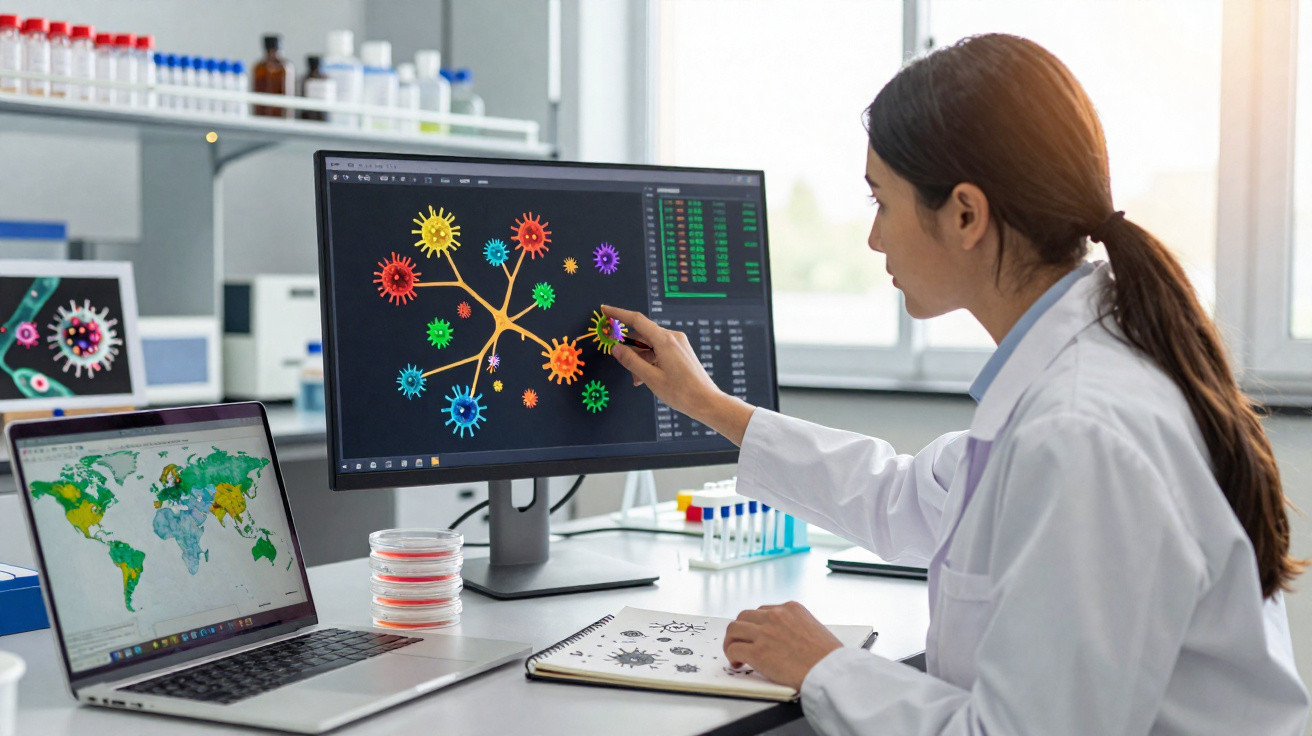 Mulher cientista em laboratório a analisar imagem digital colorida de vírus no computador.