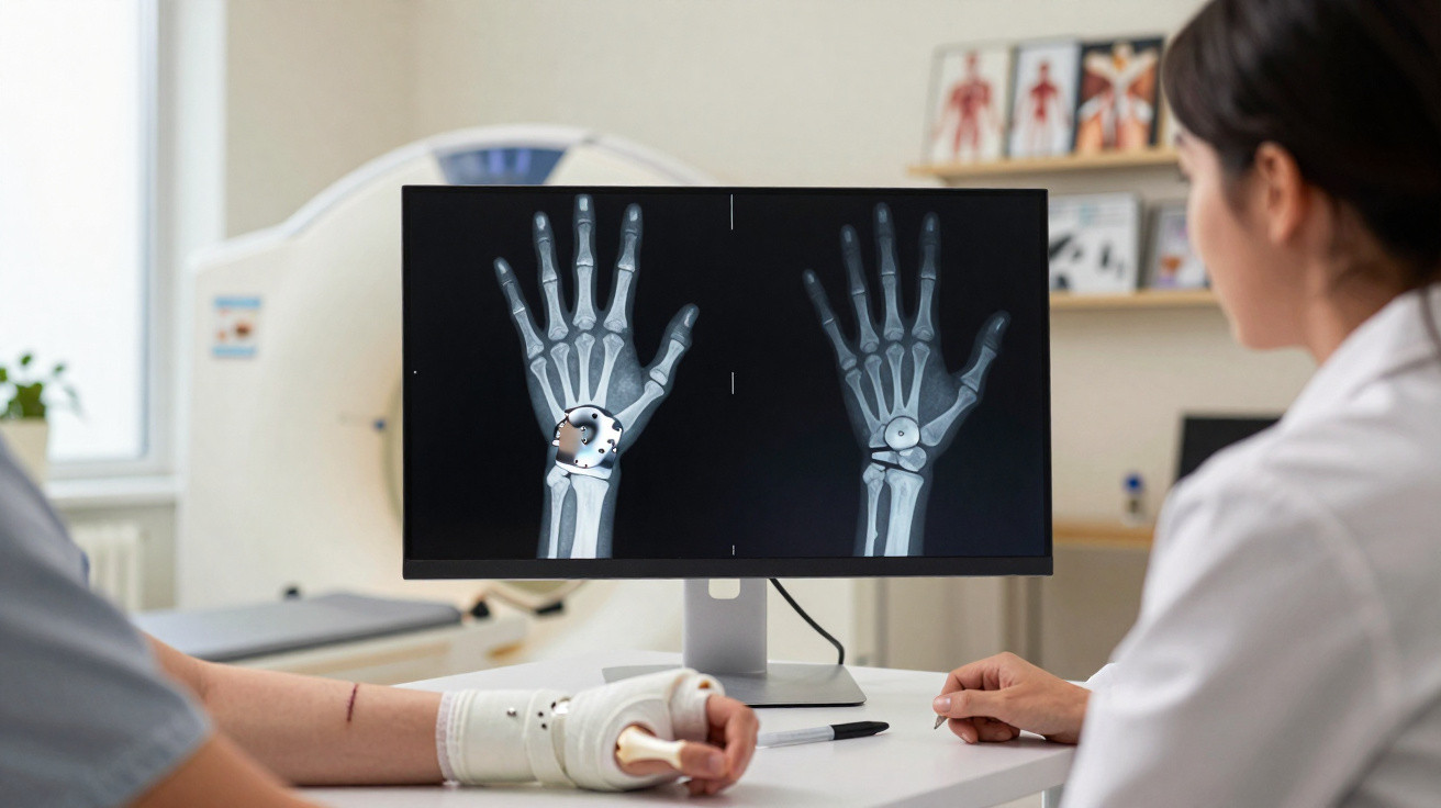 Médico analisa radiografias digitais de mãos com próteses visíveis enquanto paciente com tala observa.