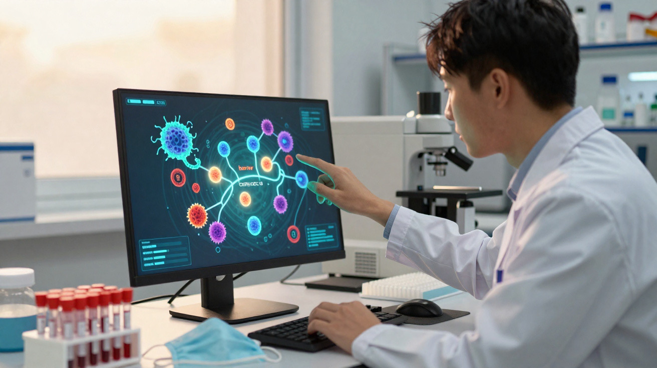 Investigador em laboratório analisa infográfico digital de vírus e células num ecrã de computador.
