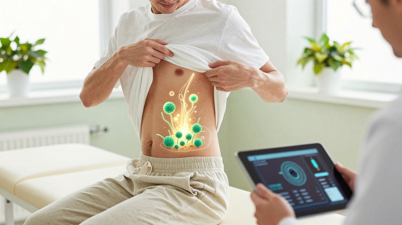 Homem levanta a T-shirt para mostrar ilustração digital de vírus no abdómen durante consulta médica.