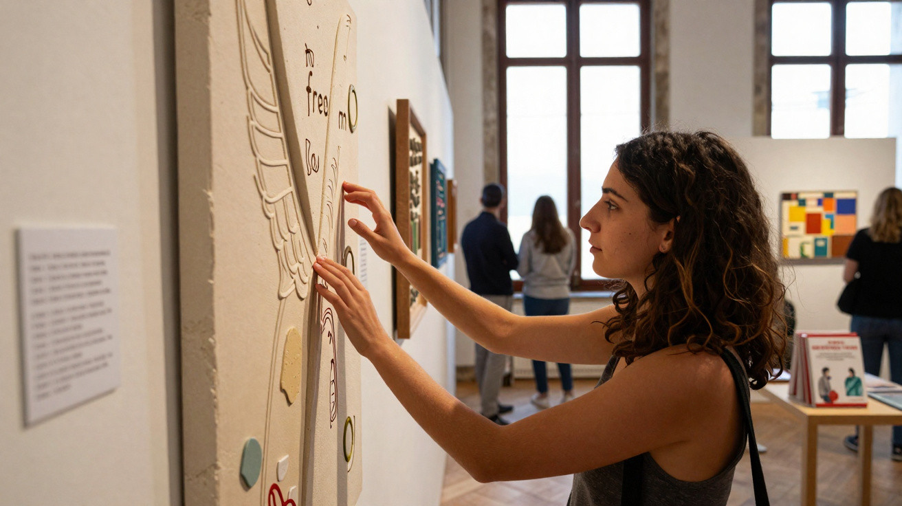 Mulher toca numa obra de arte tátil numa galeria enquanto outros visitam o espaço iluminado.