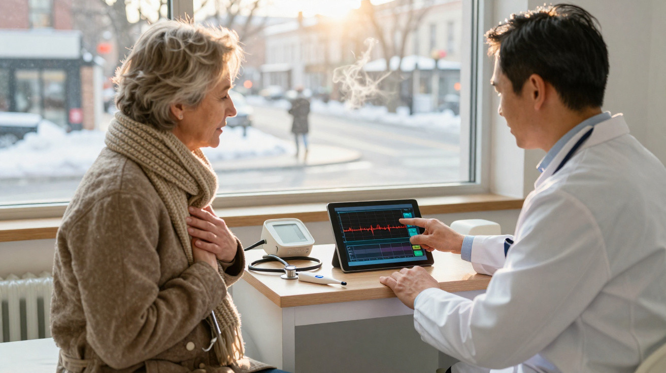 Médico analisa eletrocardiograma num tablet enquanto paciente idosa ouve atenta numa consulta.