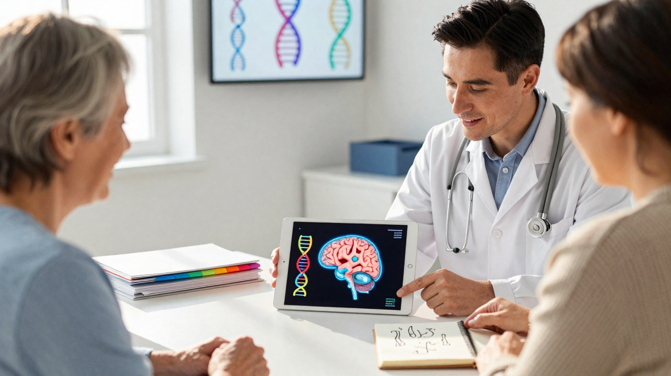 Médico a explicar estudo cerebral e sequência de ADN a duas pacientes num consultório.