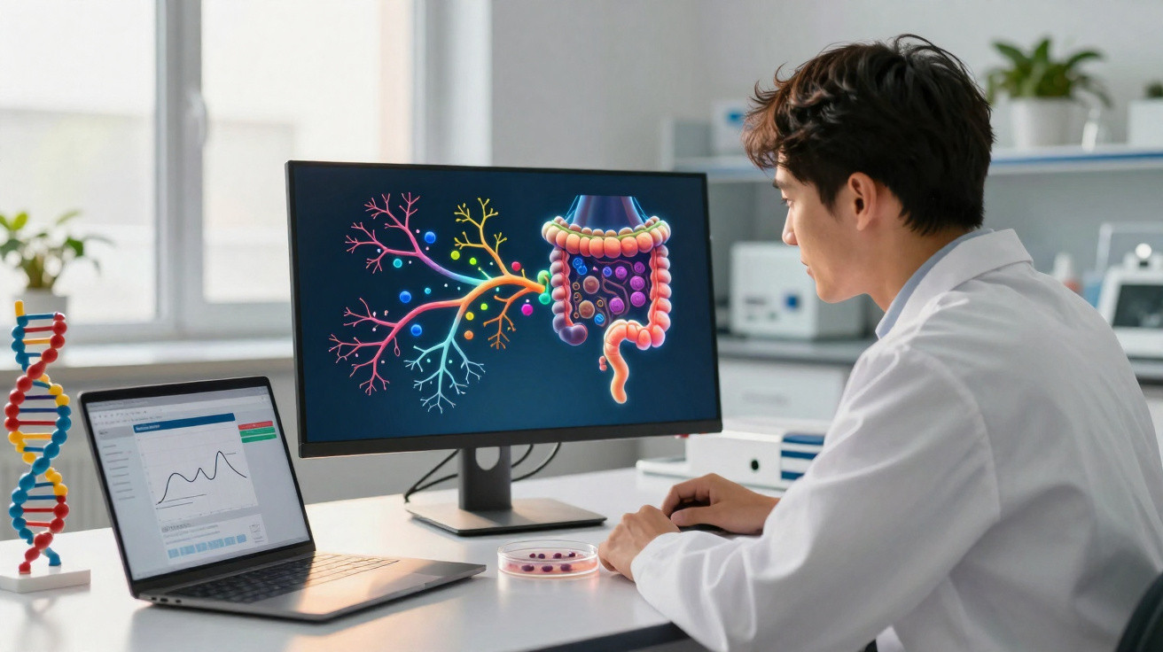 Cientista a analisar imagem digital do sistema digestivo humano num ecrã de computador num laboratório.
