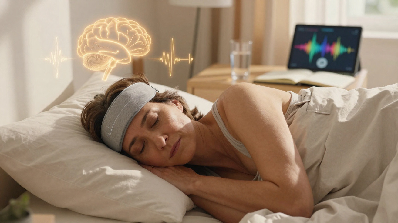 Mulher a dormir com faixa tecnológica na cabeça, ilustrando monitorização do cérebro e ondas cerebrais.
