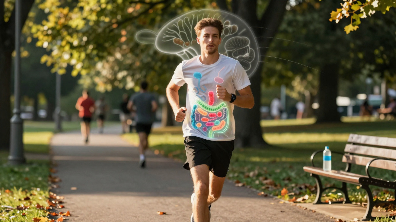 Homem a correr num parque com ilustração do sistema digestivo sobreposta no tronco.