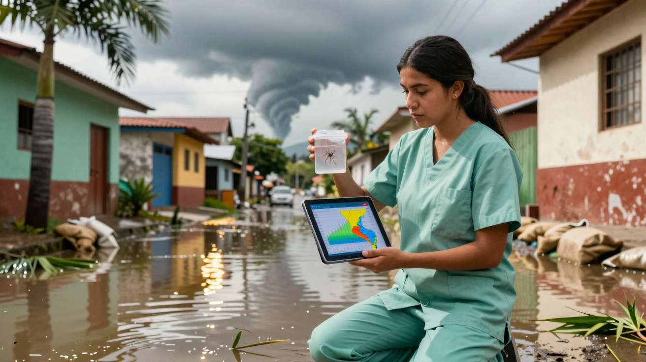 Mulher em roupa médica segura inseto num frasco e tablet numa rua inundada com nuvem de fumaça ao fundo.