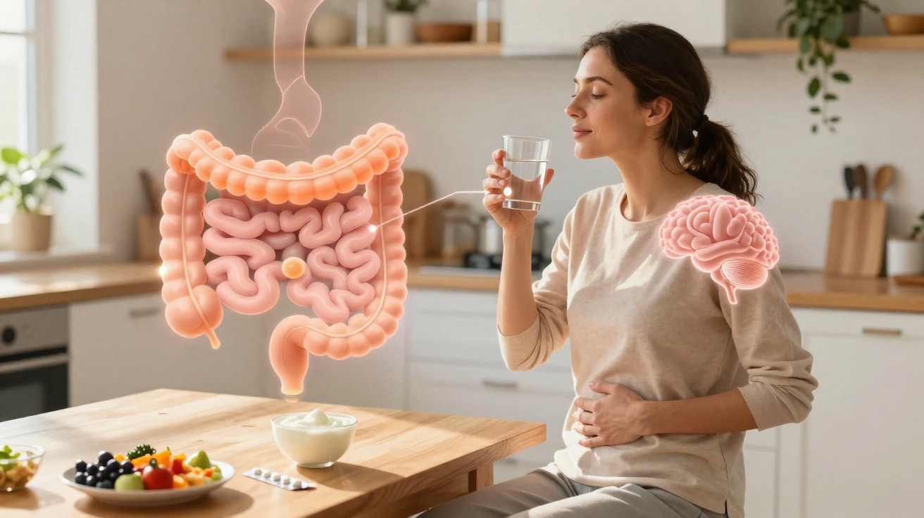 Mulher sentada na cozinha a beber água, com ilustrações do cérebro e do sistema digestivo visíveis.