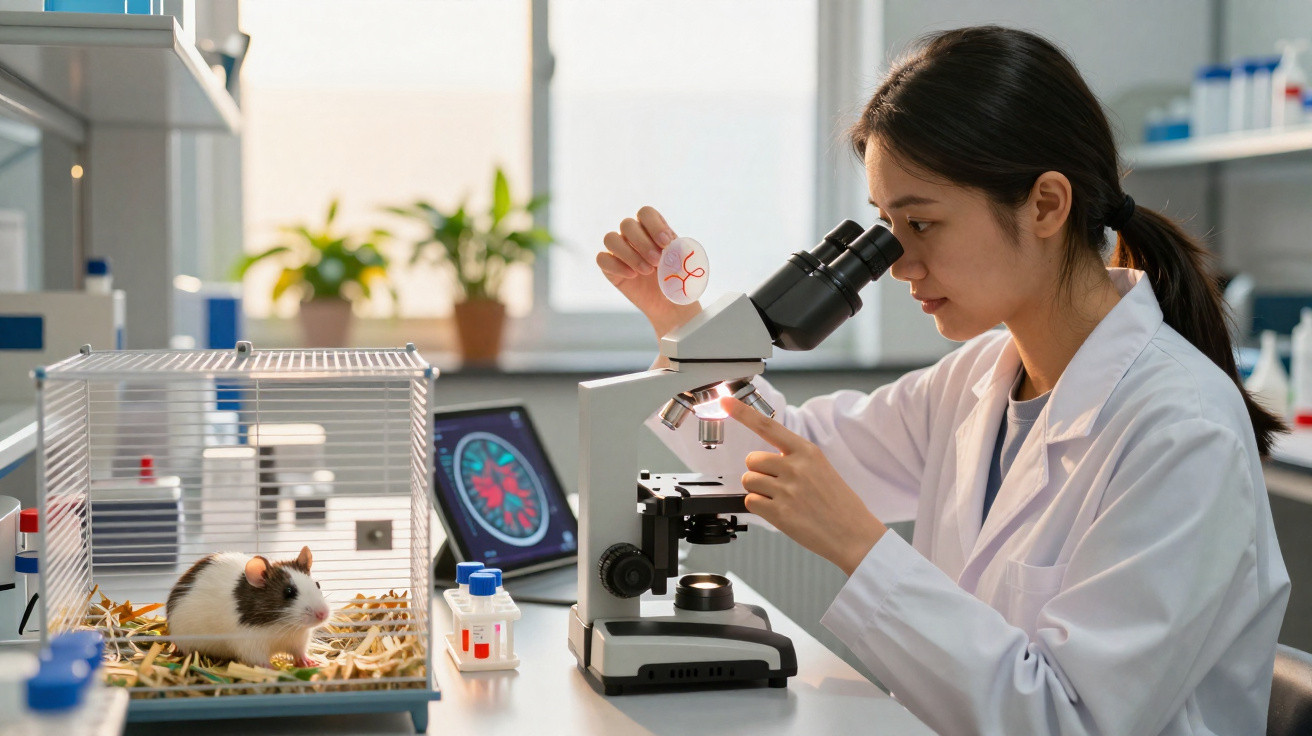 Cientista mulher a observar amostra ao microscópio com rato em gaiola no laboratório.