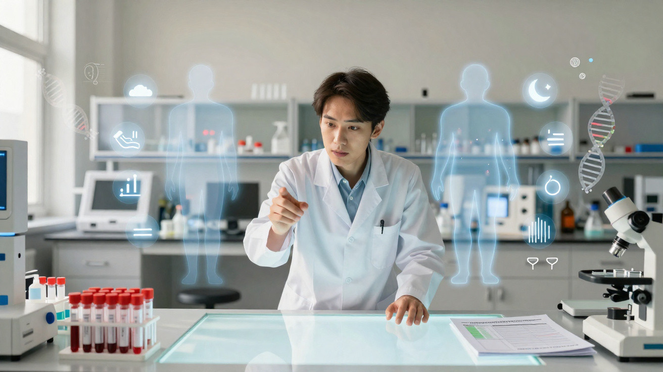 Cientista em laboratório a analisar dados holográficos de ADN e corpo humano com tubos de ensaio e microscópio.