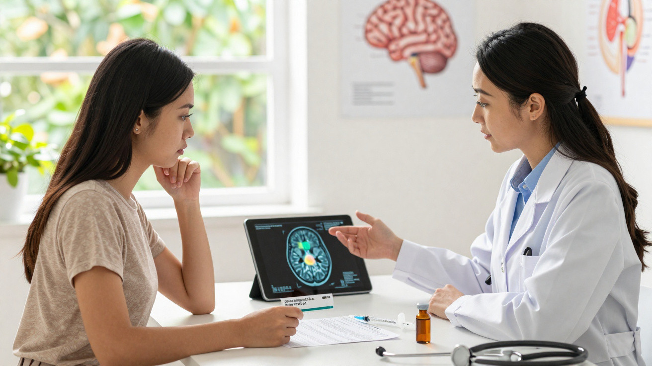 Mulher médica explica ressonância magnética cerebral a paciente numa consulta num consultório luminoso.
