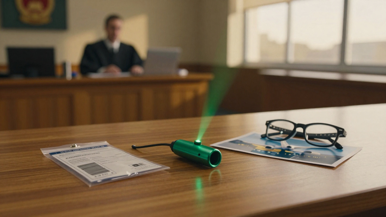 Mesa de madeira com documentos, óculos e dispositivo verde a emitir luz verde em tribunal.