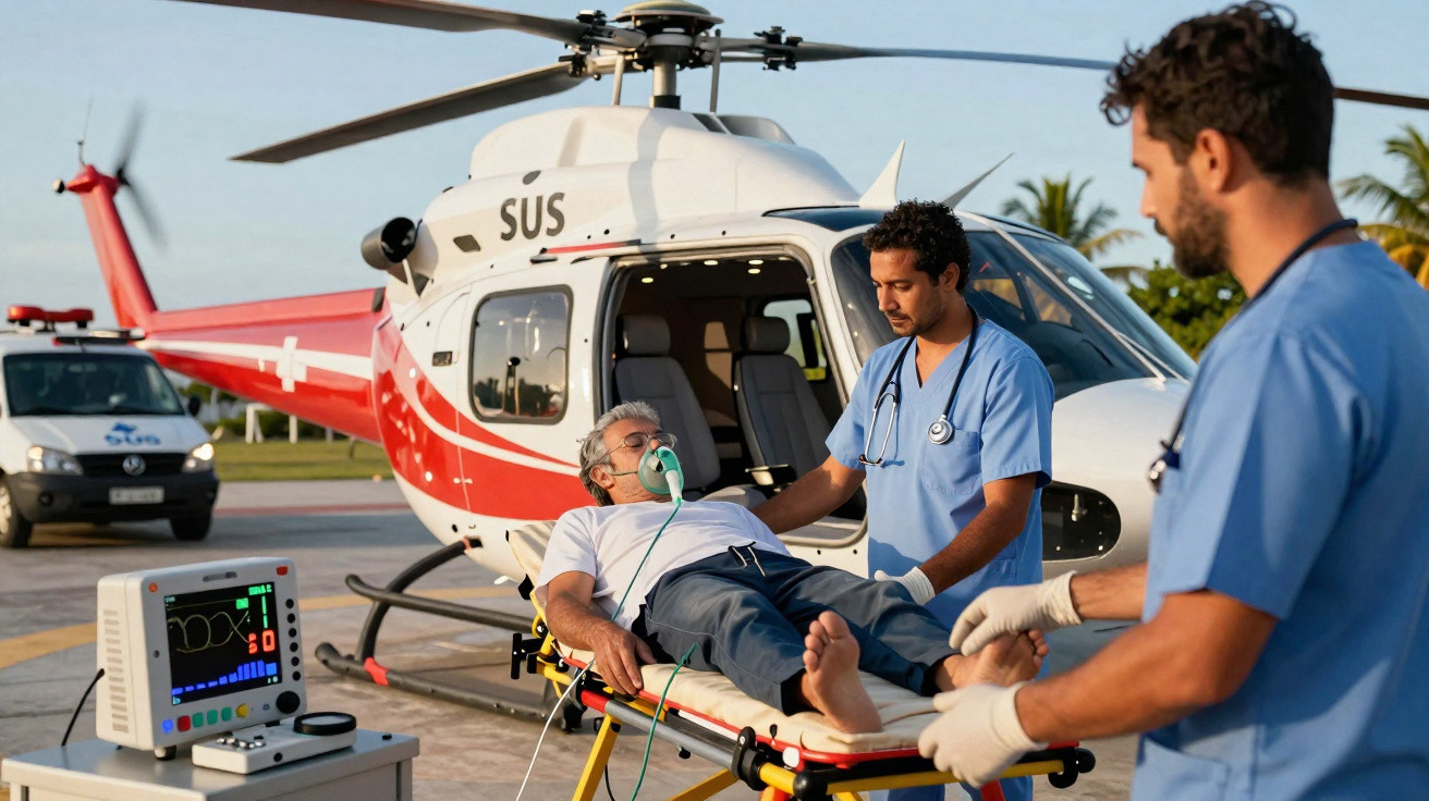 Médicos assistem paciente em maca perto de helicóptero médico num local ao ar livre durante socorro.