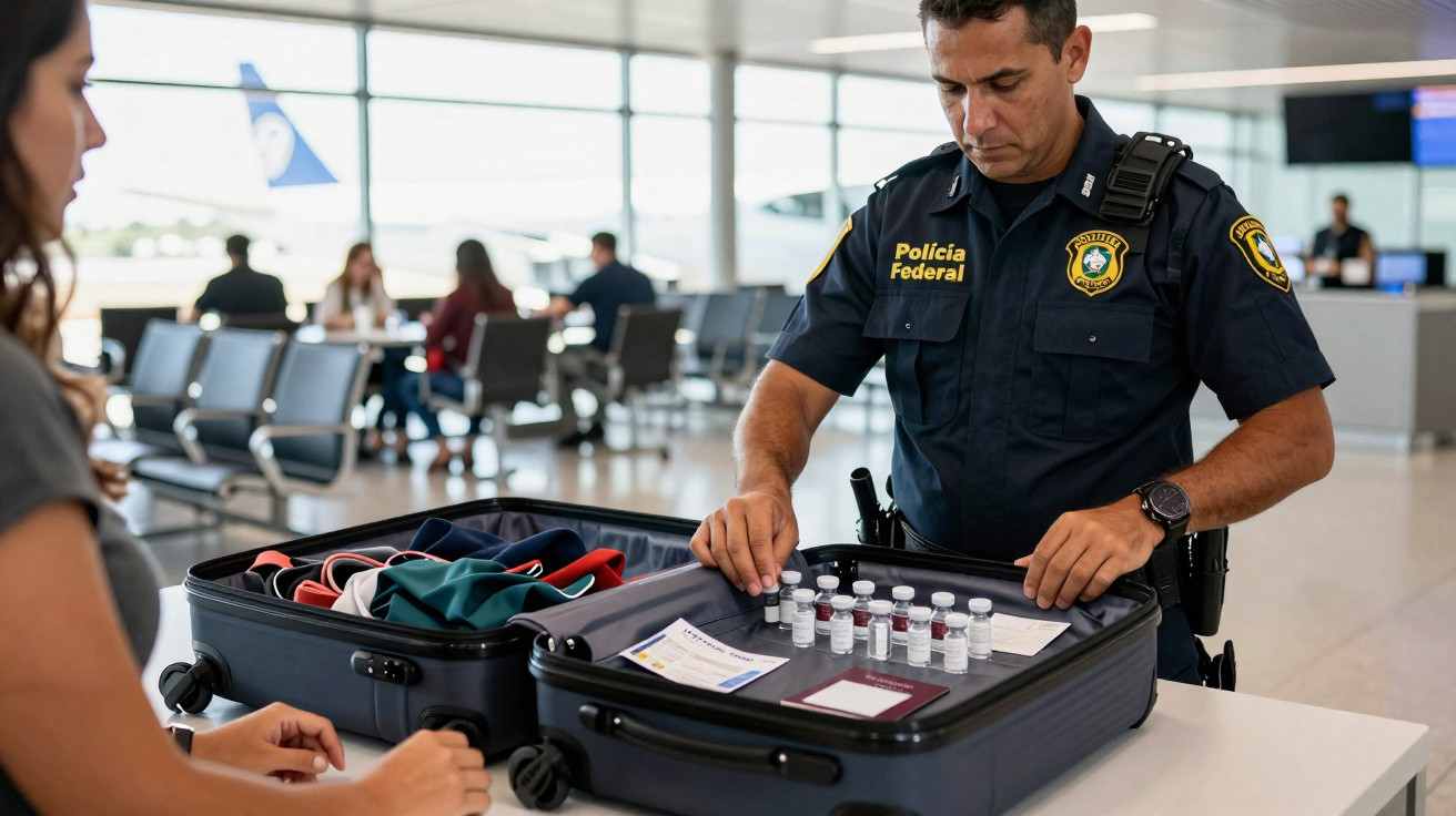 Agente da Polícia Federal inspeciona frascos médicos dentro de mala numa área de aeroporto.