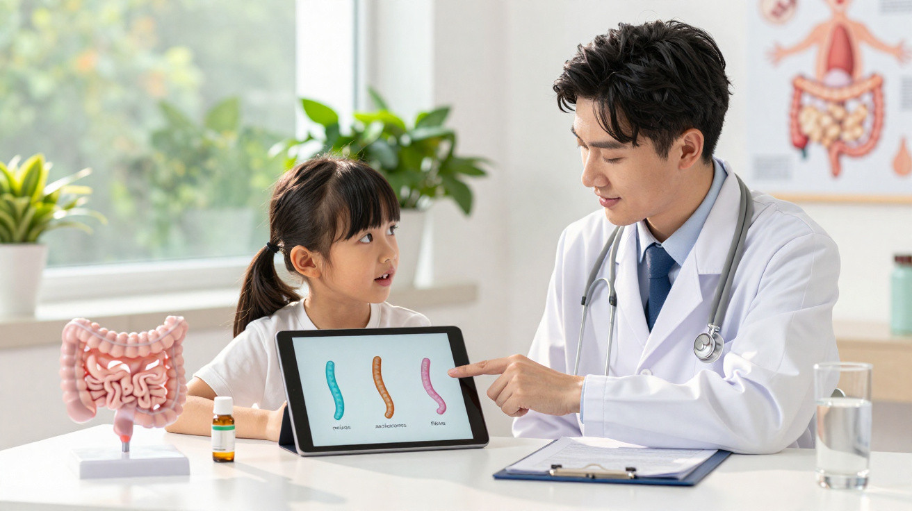Médico explica a uma menina conceitos sobre intestinos usando um tablet numa consulta médica luminosa.