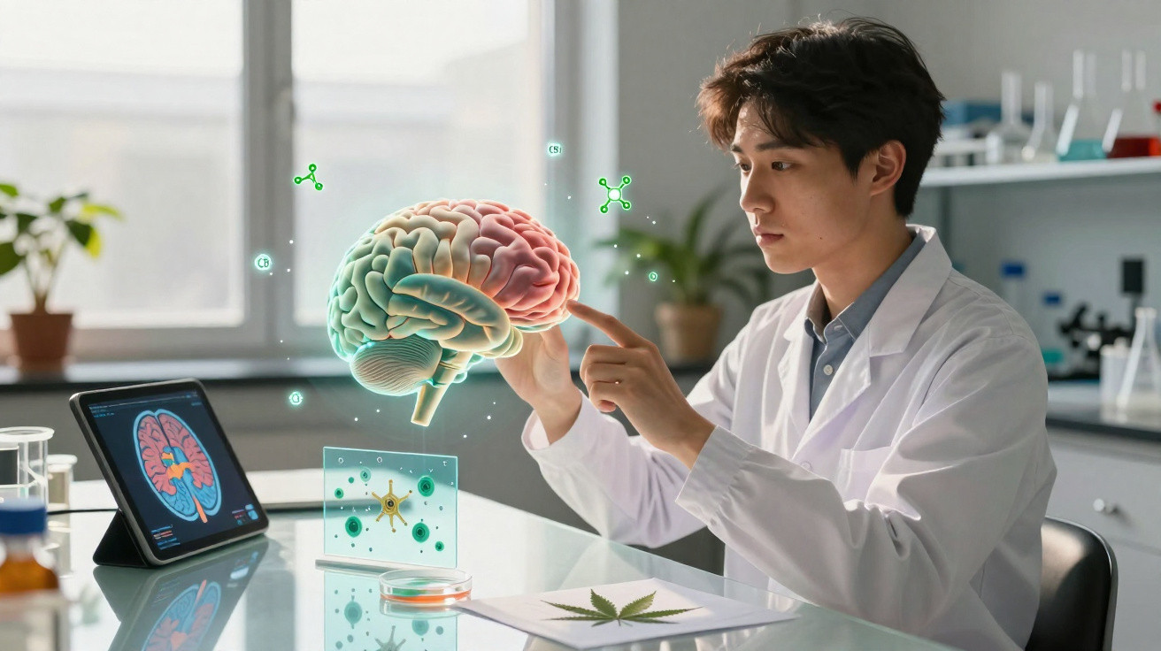 Cientista jovem em laboratório a analisar cérebro virtual com tablet e folhas de cannabis na mesa.