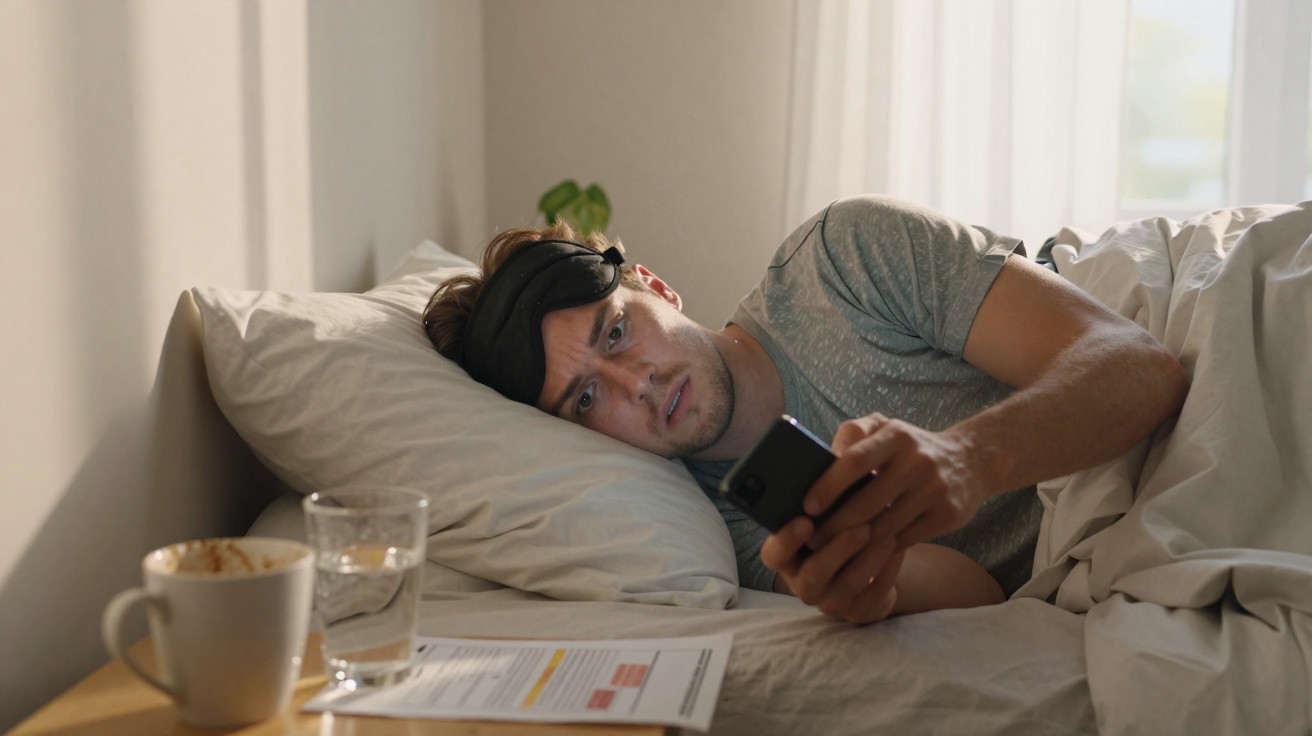 Homem deitado na cama a olhar para o telemóvel com máscara de dormir levantada, mesa com café, água e documentos.