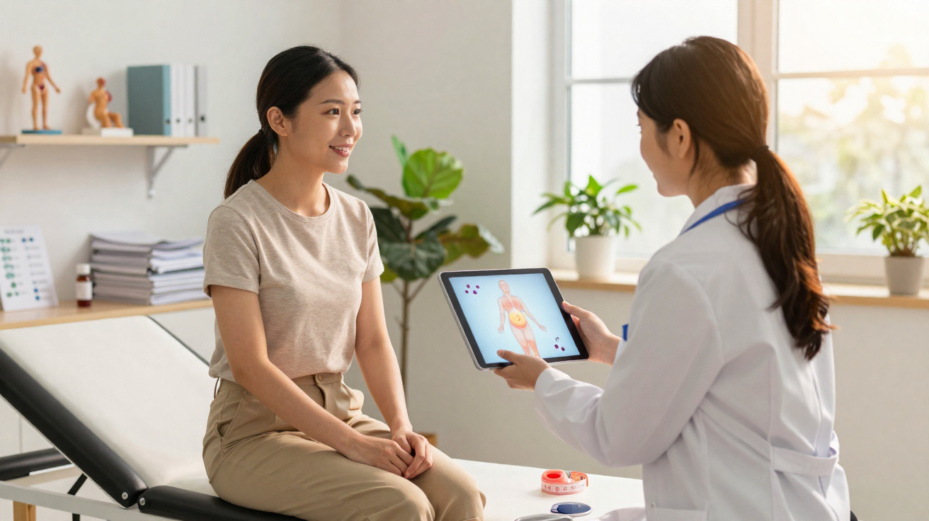 Médica mostra imagem anatómica em tablet a paciente sentada em maca numa consulta médica iluminada.