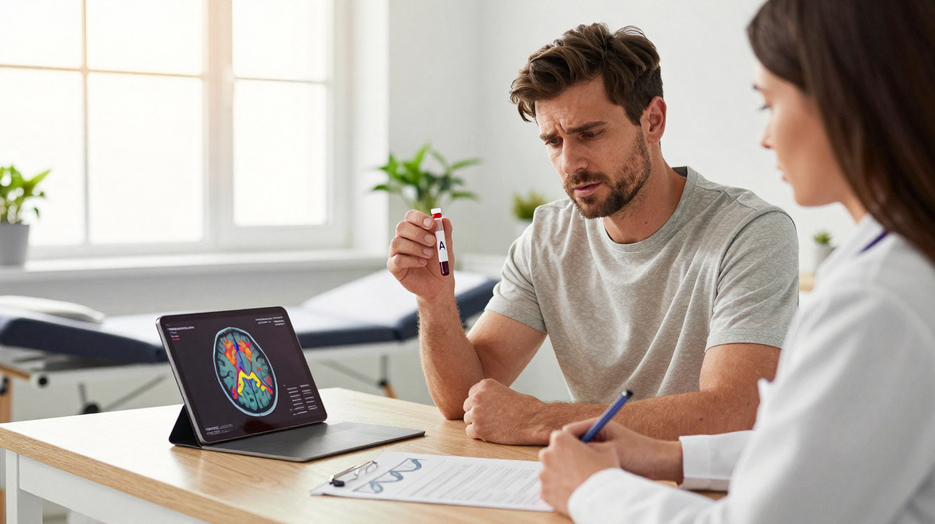 Homem preocupado segurando frasco de sangue com imagem cerebral no ecrã, em consulta médica.