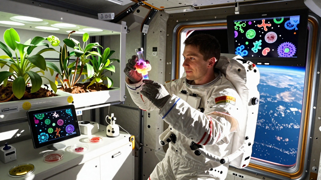 Astronauta em estação espacial a analisar planta em tubo de ensaio, com imagens microscópicas e vista da Terra ao fundo.