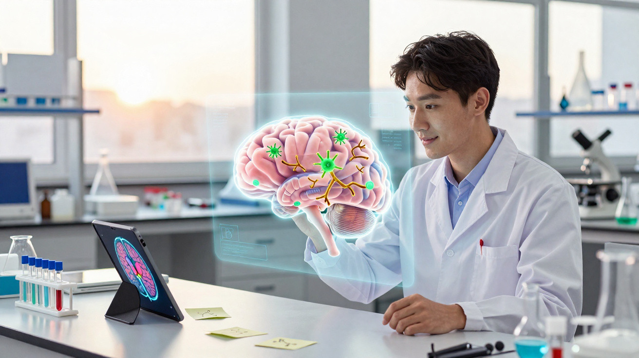 Cientista em laboratório analisa imagem digital 3D do cérebro humano com células nervosas destacadas.