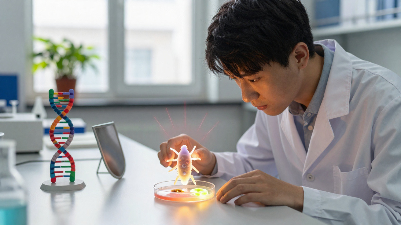 Cientista com bata branca observa bactéria luminosa numa placa de petri num laboratório moderno.