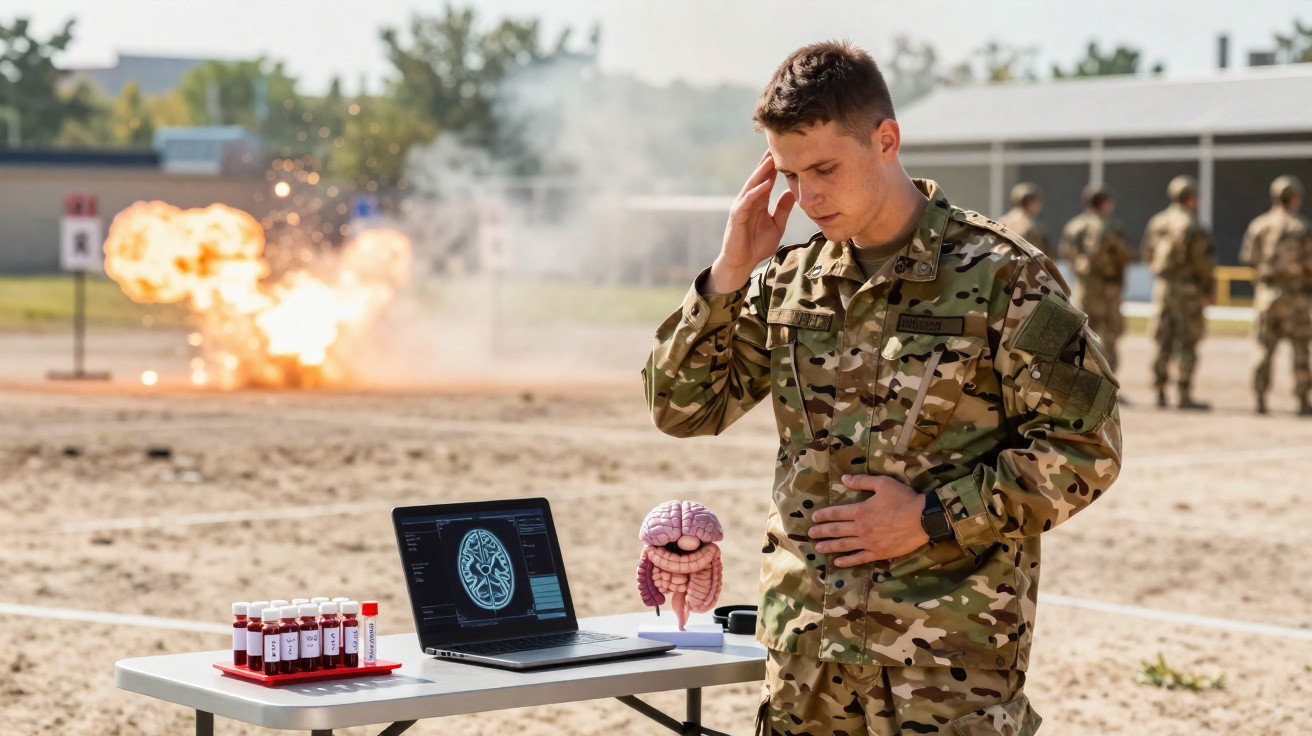 Militar em uniforme em campo de treino com explosão ao fundo, perto de mesa com amostras de sangue e imagem de cérebro.