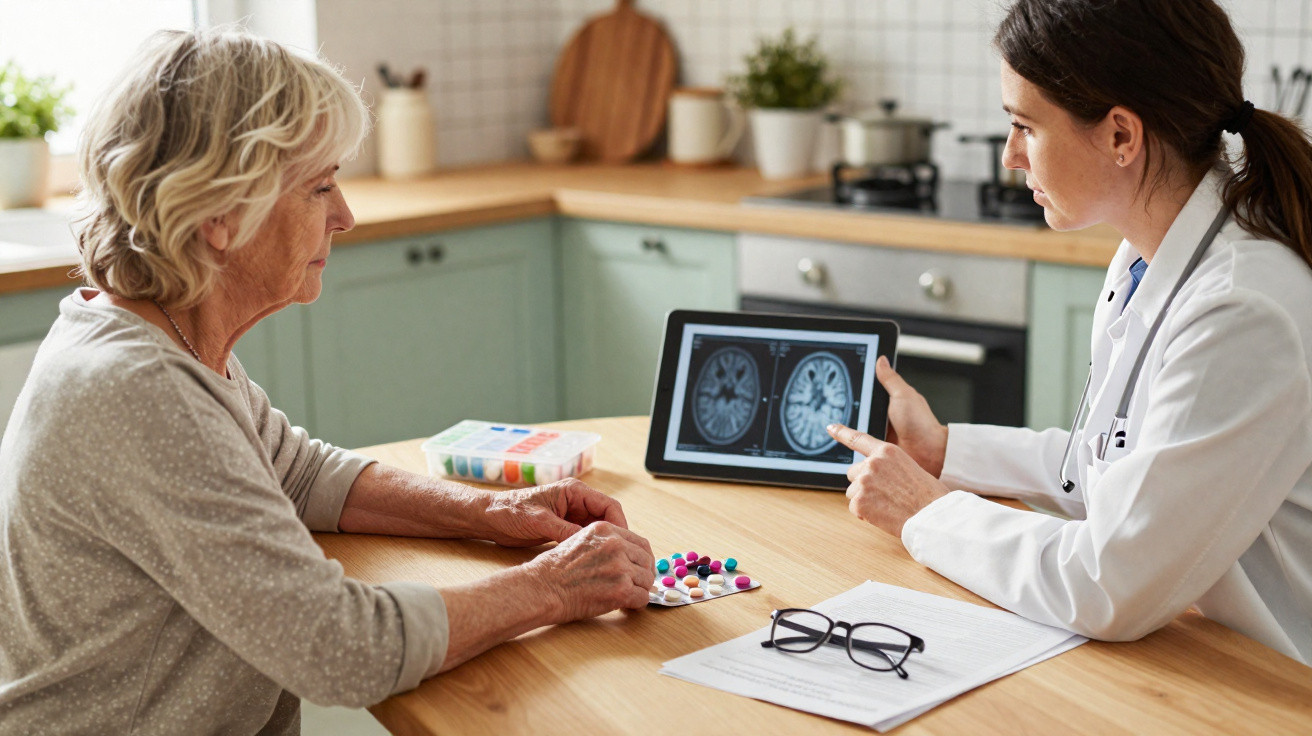 Médica mostra exames cerebrais num tablet a uma senhora idosa sentada à mesa com medicamentos e óculos.