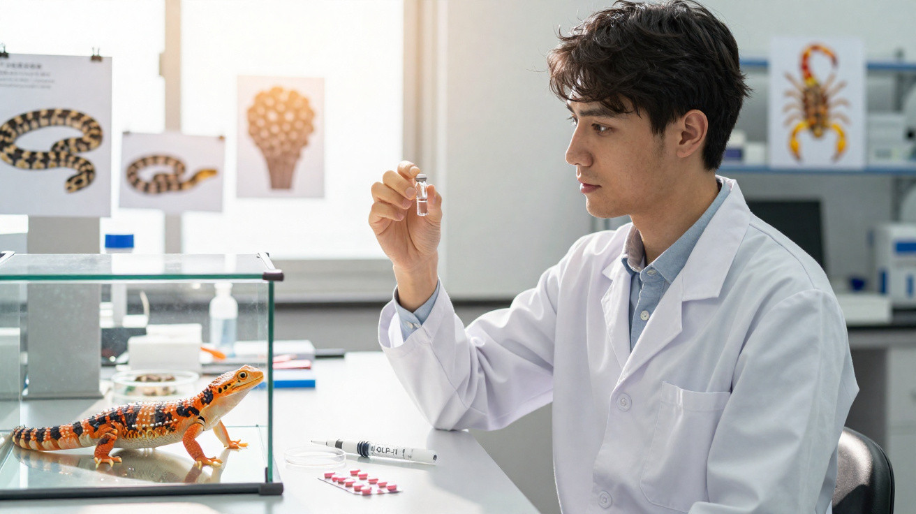 Cientista analisa amostra em laboratório perto de um lagarto colorido em terrário de vidro.