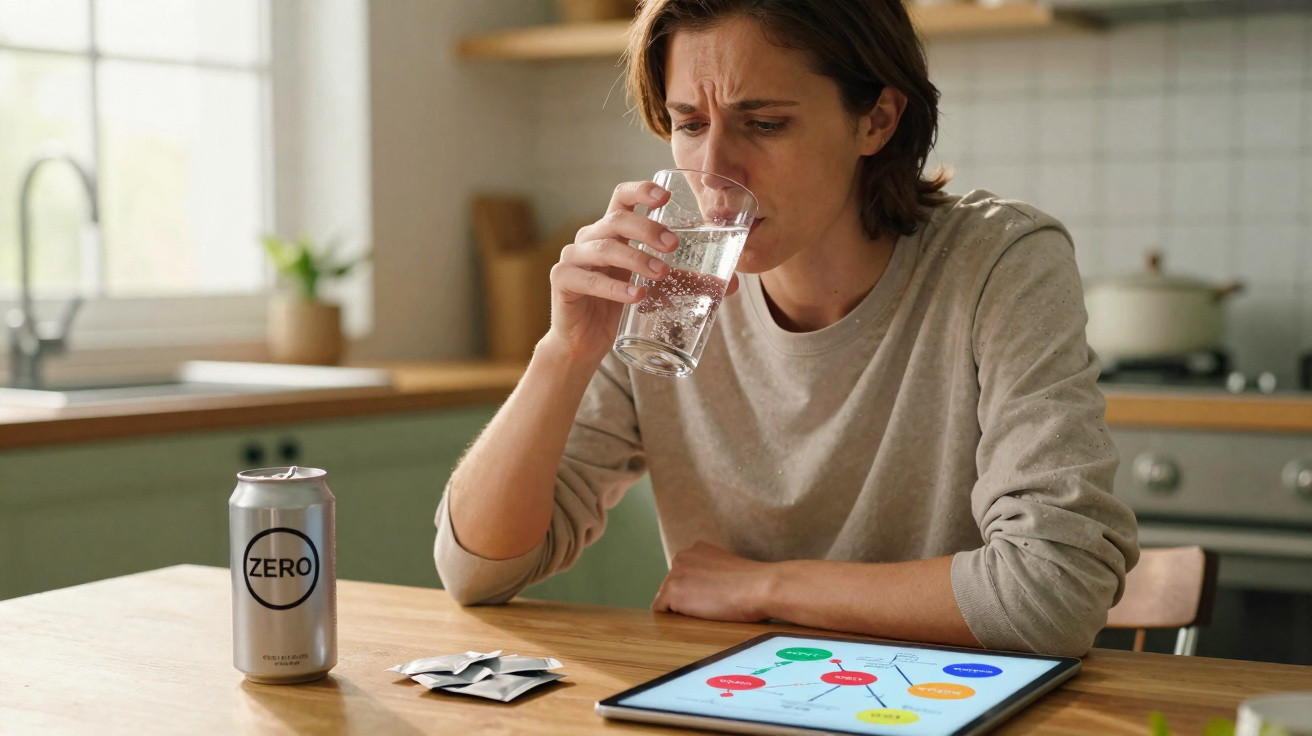 Mulher a beber água com expressão desconfortável, à mesa com comprimidos, lata e tablet numa cozinha moderna.