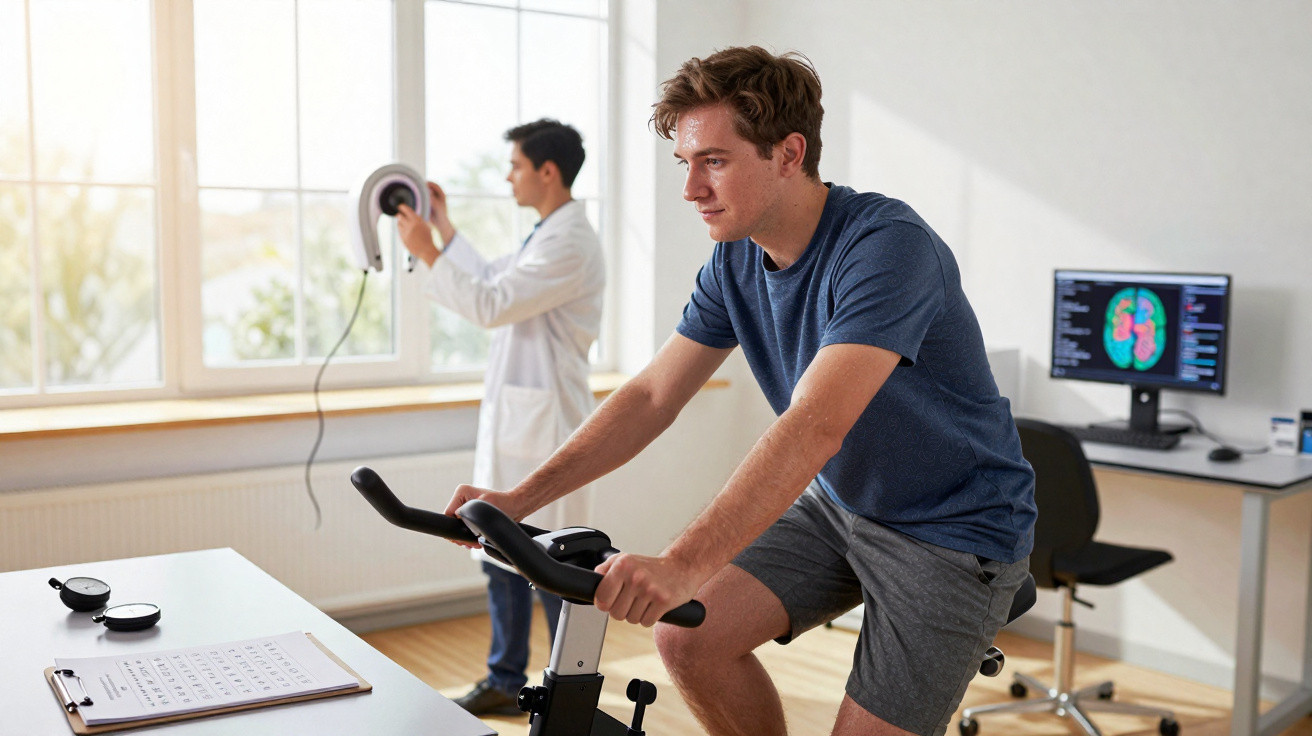Homem a fazer exercício numa bicicleta estática enquanto médico prepara equipamento num consultório.