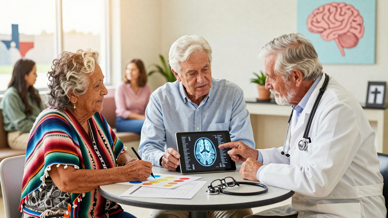 Idosos numa consulta médica, médico mostra exame cerebral num tablet enquanto a mulher toma notas.