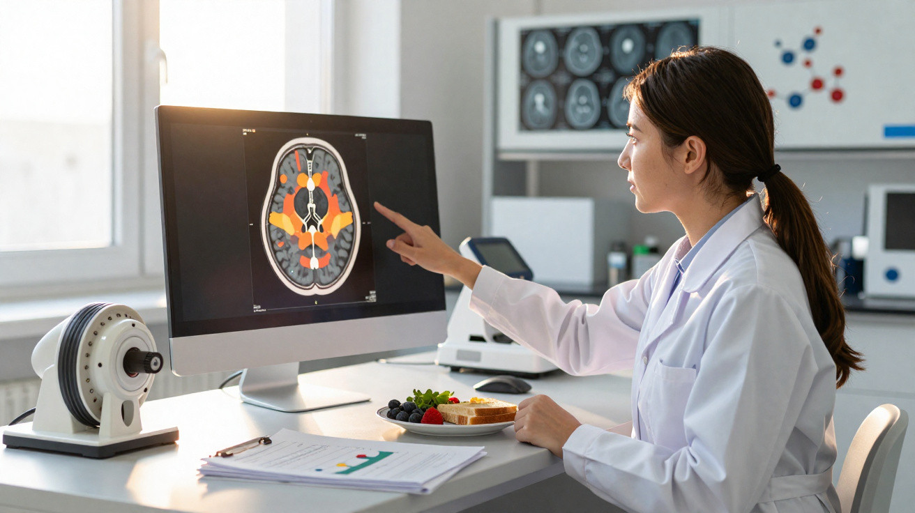Mulher médica em bata branca analisa imagem cerebral colorida num ecrã de computador num consultório.