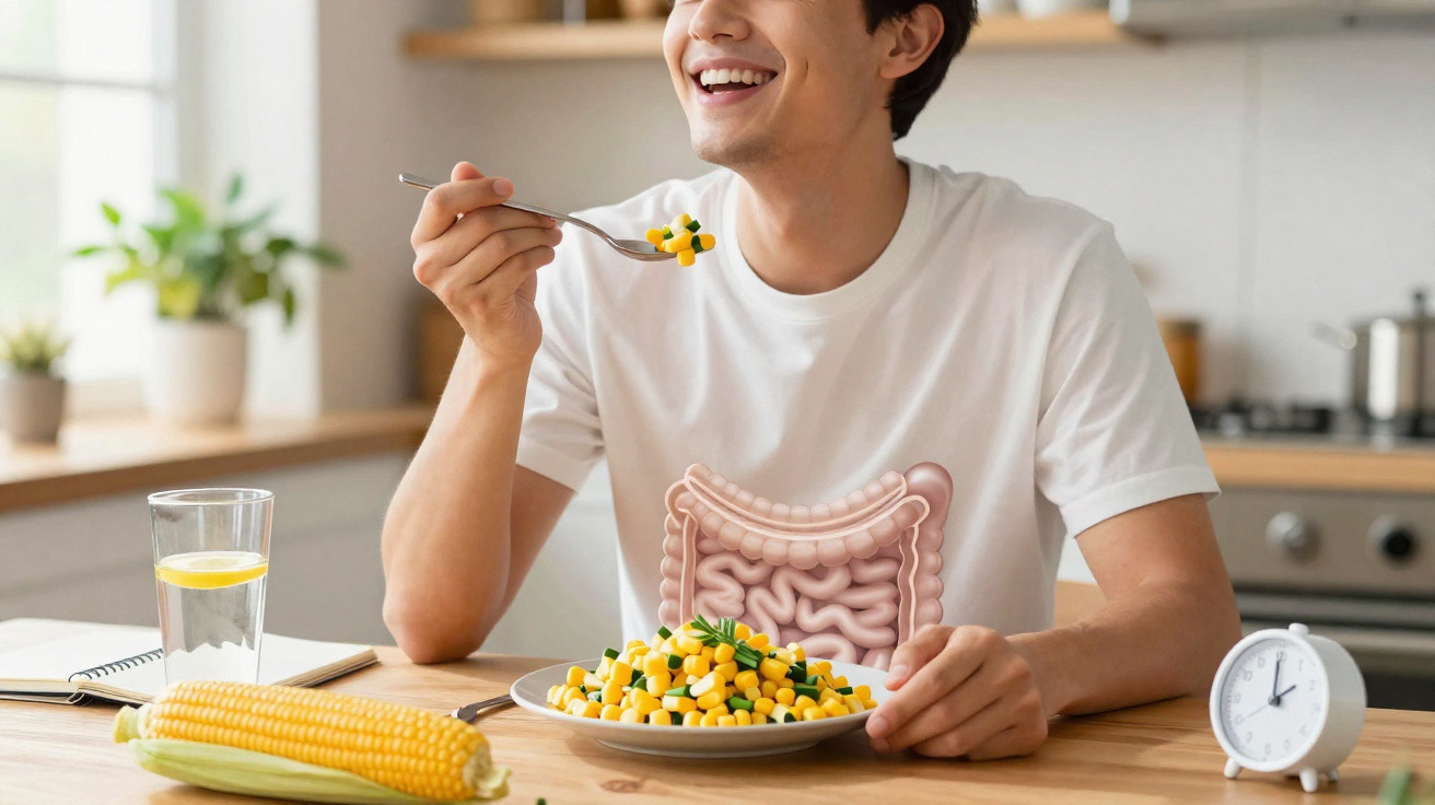 Homem a sorrir a comer salada de milho, com ilustração do sistema digestivo no peito, sentado à mesa na cozinha.