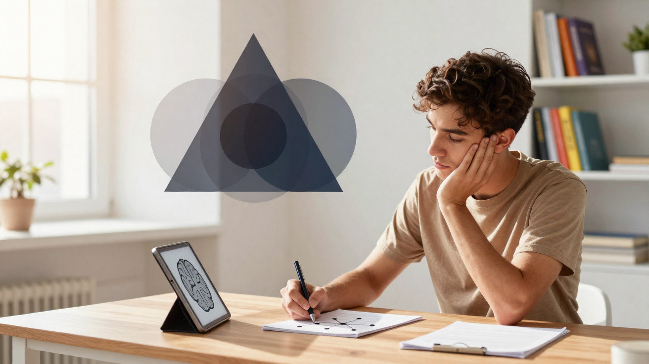 Jovem a estudar padrões geométricos, escrevendo num caderno, com tablet ao lado e luz natural a entrar pela janela.