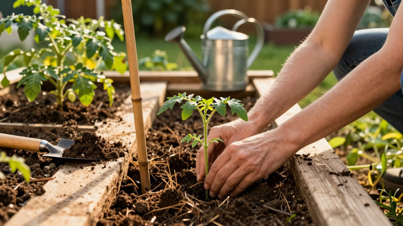 Pessoa a plantar uma muda de tomateiro numa horta com regador e enxada ao fundo.