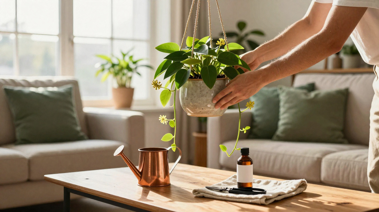 Pessoa a cuidar de planta suspensa num ambiente interior com sofás e regador numa mesa de madeira.