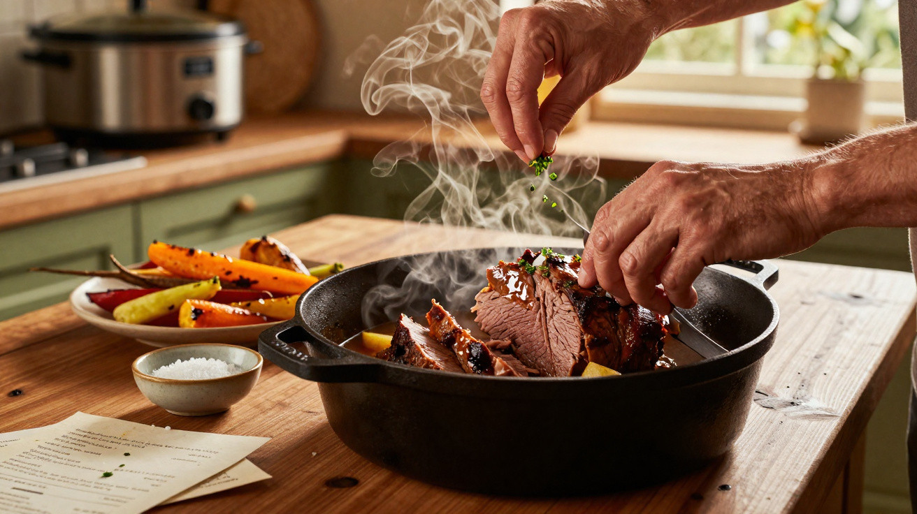 Mãos a temperar carne assada fumegante numa panela com legumes numa cozinha rústica.