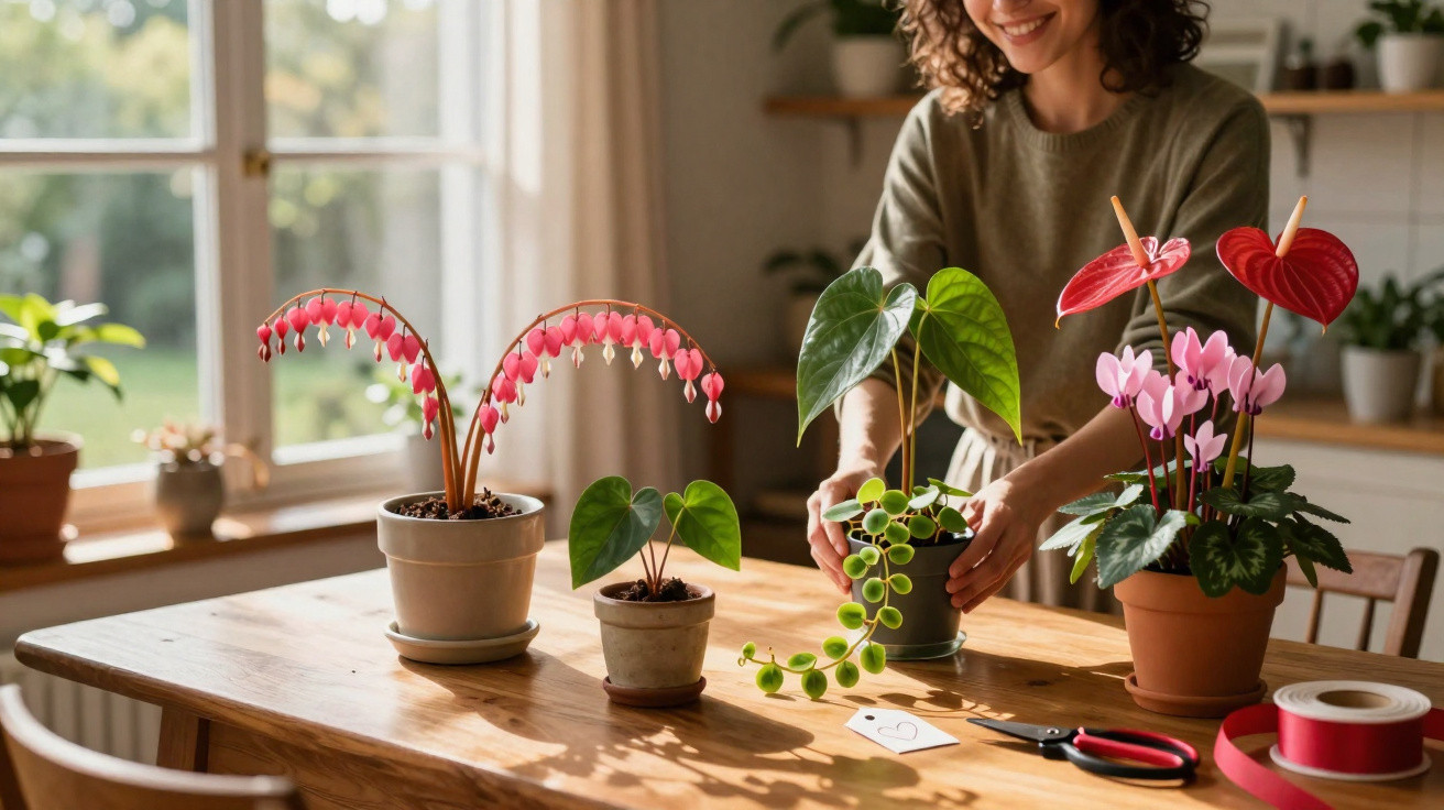 Mulher a cuidar de plantas em vasos sobre mesa de madeira numa sala iluminada por janela.