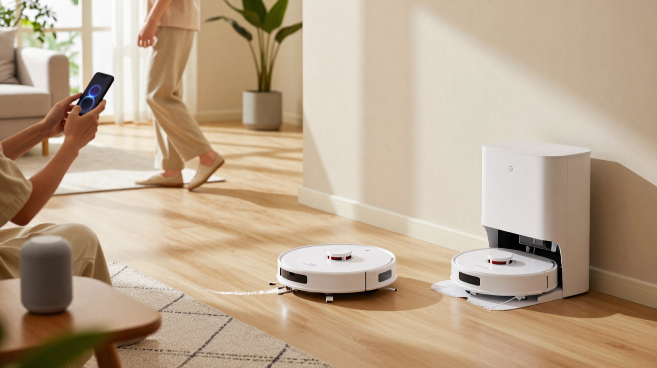 Aspiradores robot a limpar chão de madeira numa sala com pessoas e comandos via smartphone.
